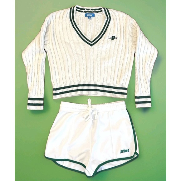 Prince Sweaters - Prince Pickleball Outfit Set Womens Cable Knit Sweater XS + Shorts Small White